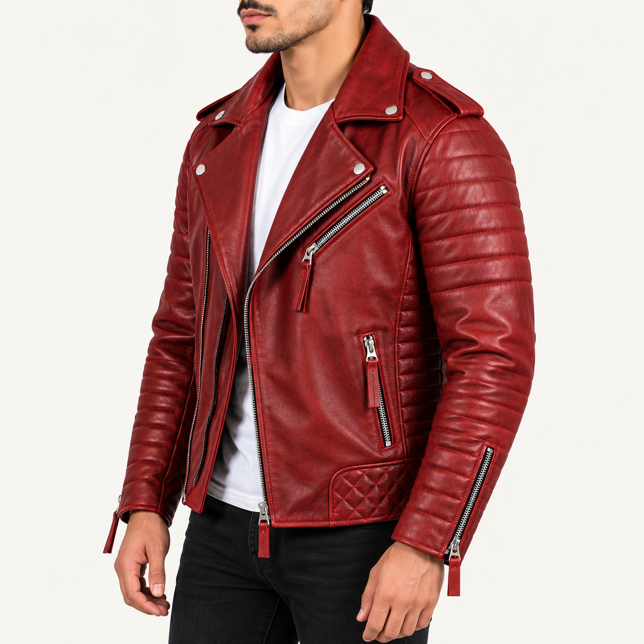 Men's Crimson Red Quilted Leather Biker Jacket – Classic Asymmetrical Motorcycle Style Gallery